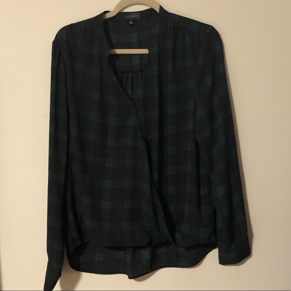 Green black navy plaid blouse